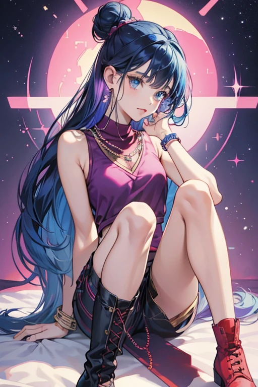 Musa has a light, almost pale skin tone, dark blue hair and thin dark blue eyes. Musa wears a small sleeveless magenta vest over a pastel pink tank top with the phrase "I ♥ Music" printed on it (only in official stock art with the heart being purple and covered in sparkles), purple arm warmers, a thin lilac-colored belt that runs through blue capris, and blue knee-high, high-heeled boots with a dark fishnetted design and open toes. She also wears an assortment of different accessories such as her yellow headphones (adorned with red jewels in official art), a long necklace made up of red, blue and purple beads, and some hooped bracelets; a pair of thin red ones followed by a thicker blue bejeweled one on both of her arms. Her hime cut-styled bangs make a return as she now ties a bit of her hair is into a small but noticeable bun, leaving the rest to flow freely as it is now long enough to rest at knee-length.
