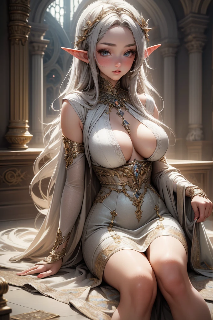 (Masterpiece - Ultra-Detailed, High Resolution) Prepare to be enchanted by a true masterpiece that combines ultra-detailed art with high-resolution rendering. This work shows a mesmerizing and sexy young elf with very large breasts and gray hair. Gray eyes, transparent white dress, sitting on the floor. Get ready to dive into a world where beauty and craftsmanship merge perfectly.