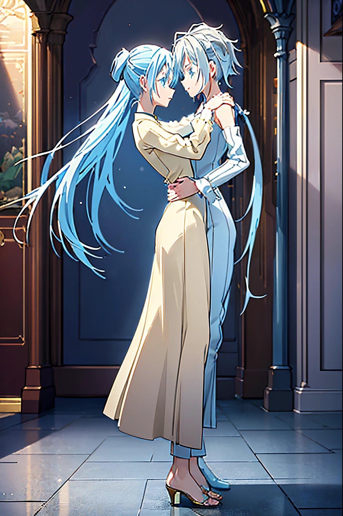 (best quality, ultra-detailed, highres, masterpiece:1.2), Velzard and Rimuru kissing passionately, standing in a luxurious room, both wearing royal attire, medium: oil painting, romantic atmosphere, vibrant colors, detailed background, high contrast lighting, rich textures, lush furniture, elegant decor, delicate brushstrokes, realistic portrayal, fine details, intense emotions, dramatic composition, intimate moment, graceful and natural poses, deep eye contact, tender expressions, intricate clothing, flowing fabrics, tranquil ambiance, soft and warm color tones, mesmerizing visual depth, dreamlike quality, captivating atmosphere, dynamic brushwork, skilled craftsmanship, timeless beauty, magical and enchanting, harmonious blend of fantasy and reality.