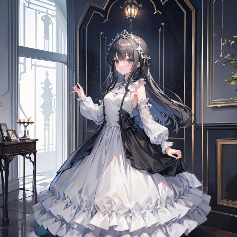 Arafe girl in a gray dress standing next to a chair, A dark-haired、mercury dress, sophisticated dress, Organic Dresses, Wearing elegant dresses, Wearing a formal dress, loli in dress, fancy silver dress, shy and demure, Dress, soft silk dress, girl with dress, full - body - front - shot, astral dress, elegant and graceful