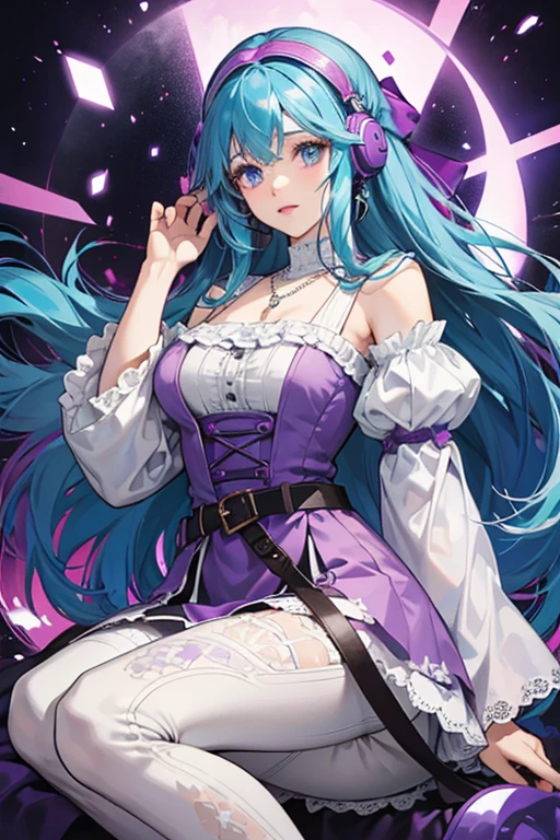 Musa has a light, almost pale skin tone, dark blue hair and thin dark blue eyes.  Musa's hair is straight where it now appears to stop above her ankles in the back with her usual square bangs in the front. She wears a purple headband with a purple bow on the right side, a long laced purple dress with white sleeves and a purple vest, grey leggings underneath her dress with white lace with matching white lace trim. Her boots are brown with white trim, magenta ribbons and purple stockings underneath. Musa's accessories consists of aqua blue headphones along with a variety of necklaces and a belt.