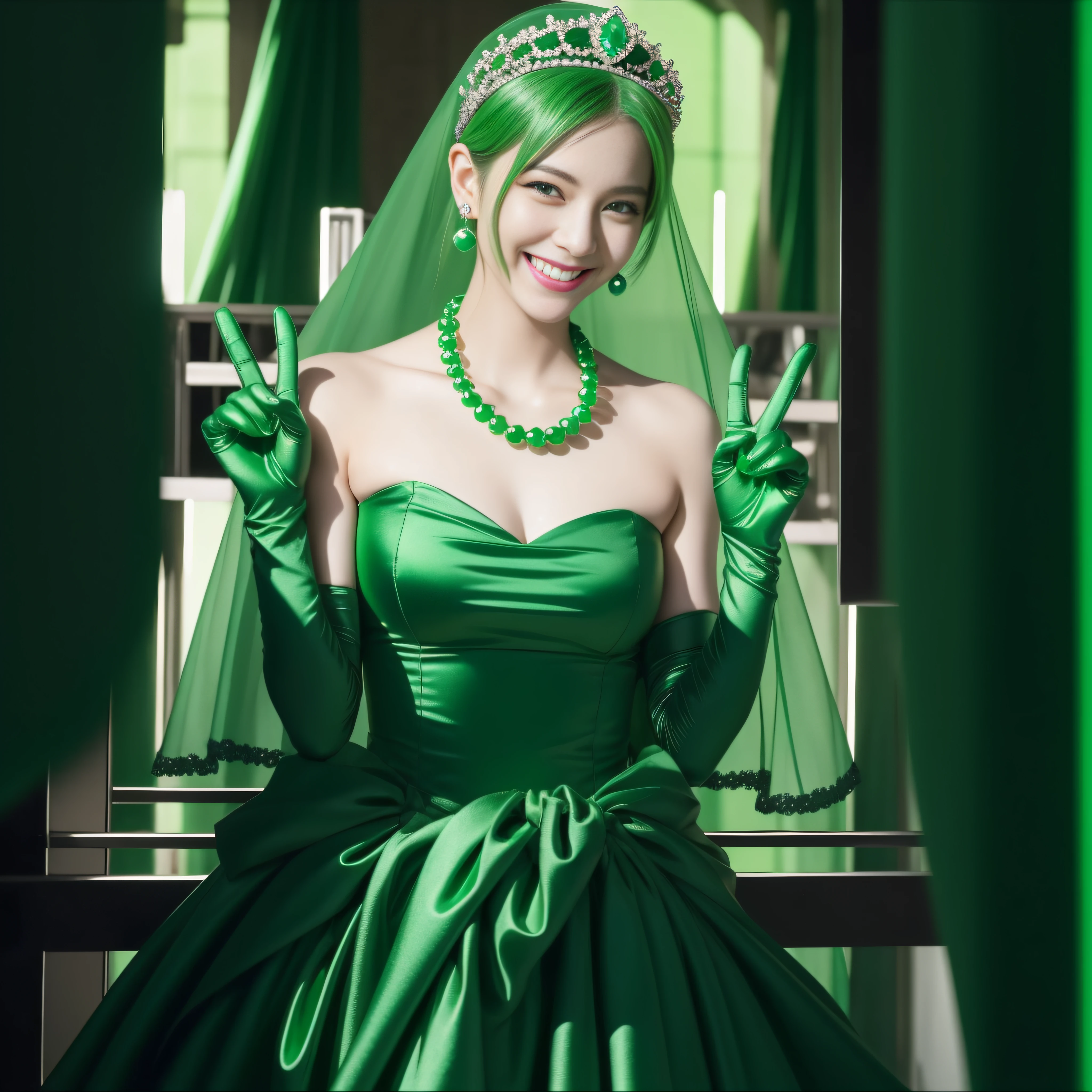 emerald tiara, Green Pearl Necklace, Boyish very short green hair, lipsticks, Japan woman smiling, very short short hair, big breasts beautiful, Green eyes, Long green gloves made of satin material, Green eyes, v sign,V-sign with both hands, Emerald Earrings, Green hair