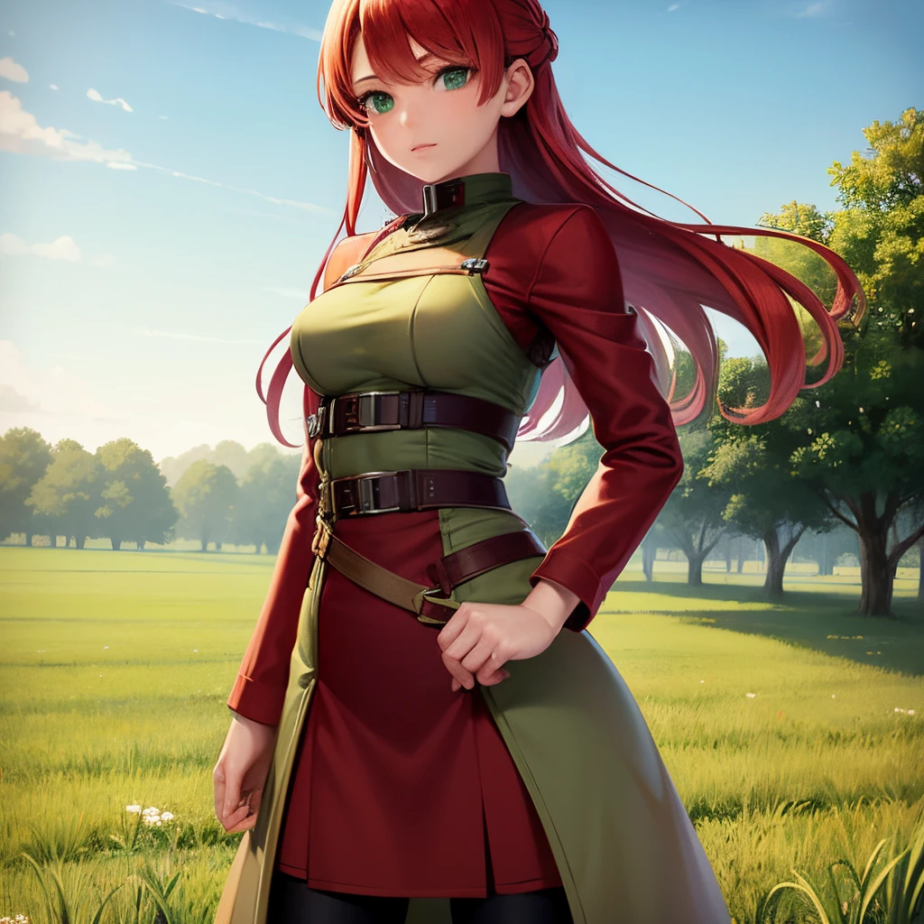1girl, red hair, green eyes, wool tunic, archer clothing, medium sized breasts, grass field, front view
