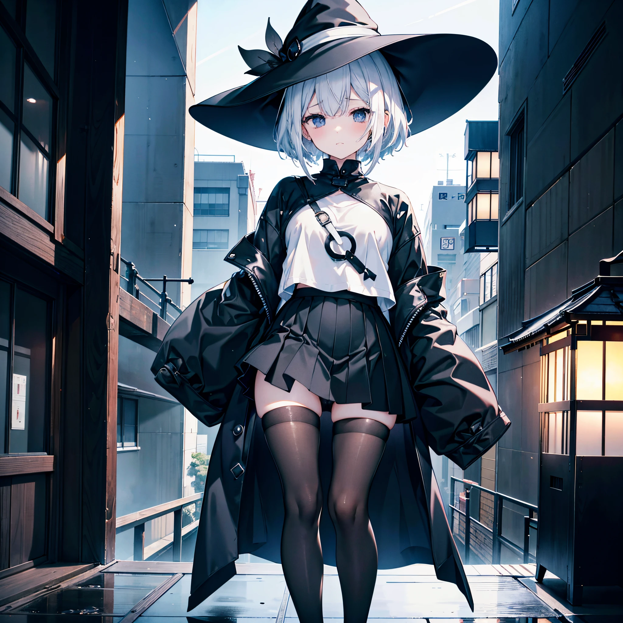 This is an adult woman with a sad face on the roof of a building overlooking the night view of Tokyo and the sea.、She has white lob hair with a short bob and wears a large black witch hat with sapphire accessories.、she is wearing a long black coat、I'm wearing a white T-shirt、Black long skirt、Black sneakers with white shoelaces、Black tights、Black Short Leggings、Photograph her from 15 degrees above、downblouse、R18 Illustration、Eromanga、erotic illustration、Two-dimensional illustration、Japan Anime、drawn by Japanese ilastrator、high-level image quality、4K picture quality、High Quality、hight resolution、5 million pixels、High Details、uncensored