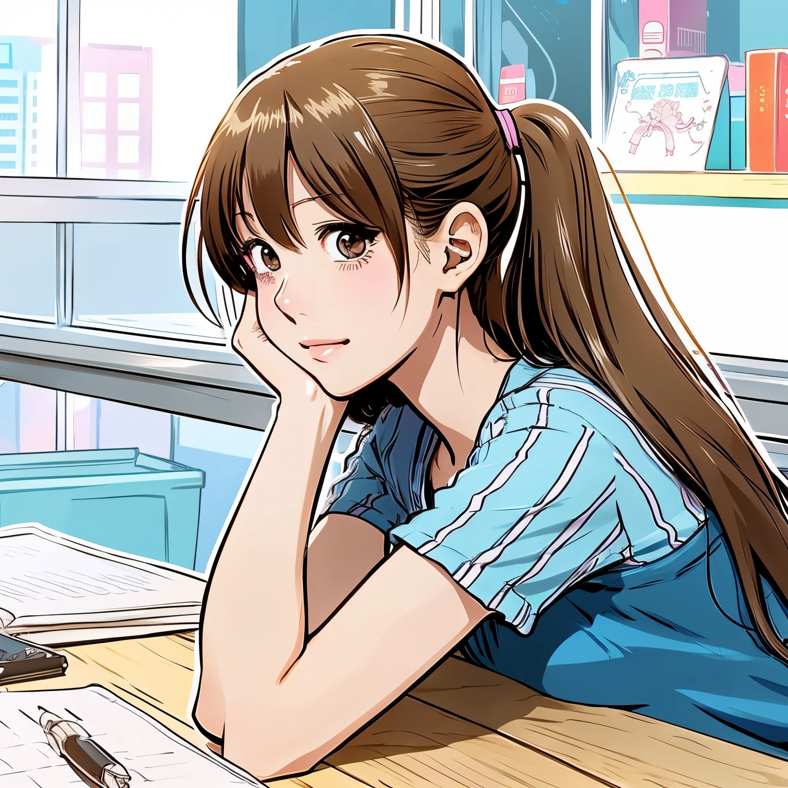 https://manga.line.me/indies/author/detail?author_id=1085&t=1695600000033 Refer to this site、Draw an illustration of a cute woman thinking。