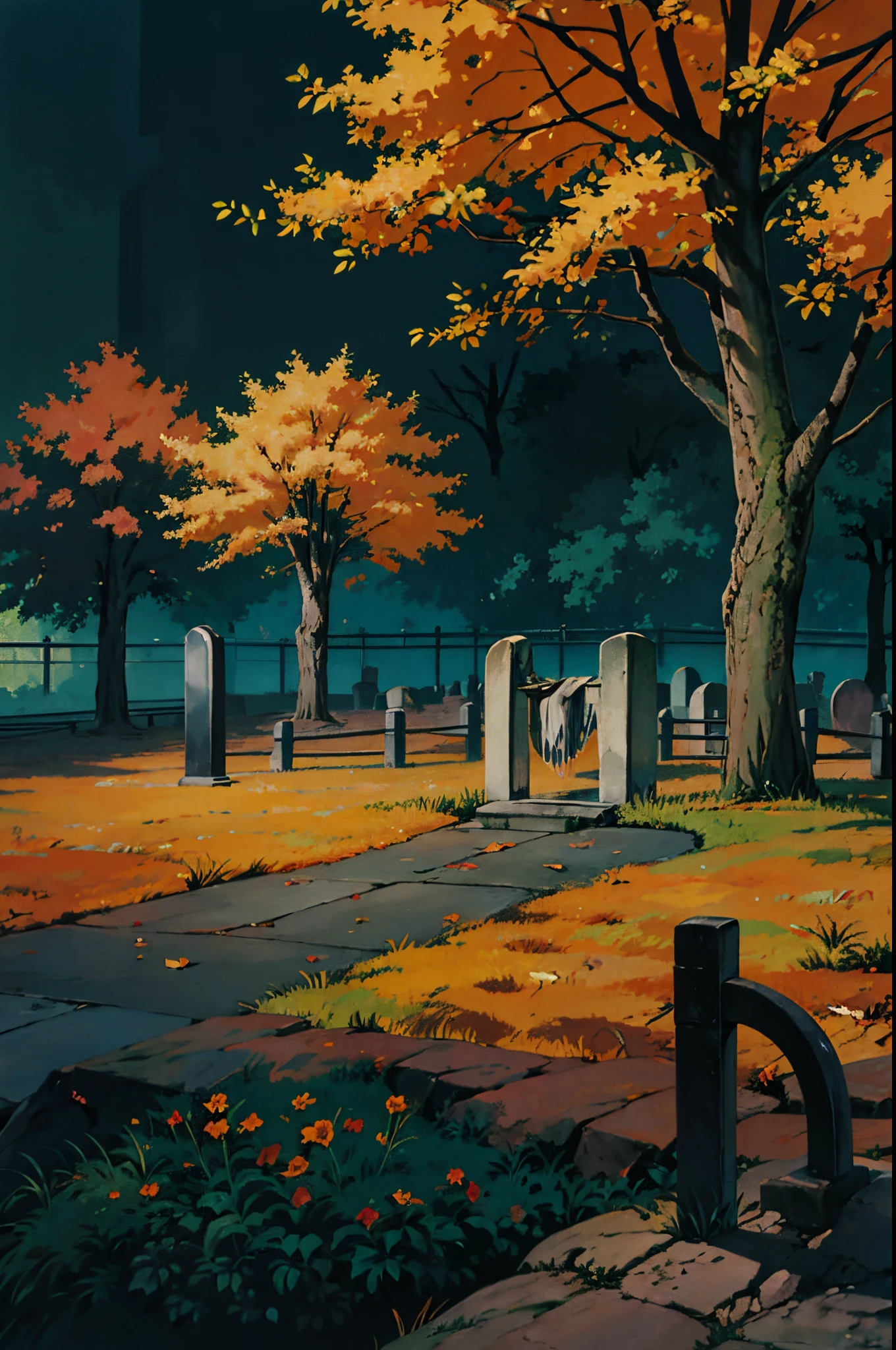 graveyard. Park with grass on the ground. Clima de halloween. Estilo anime. clima assustador. detalhes intrincecos. Master-piece. Pagina de manga
