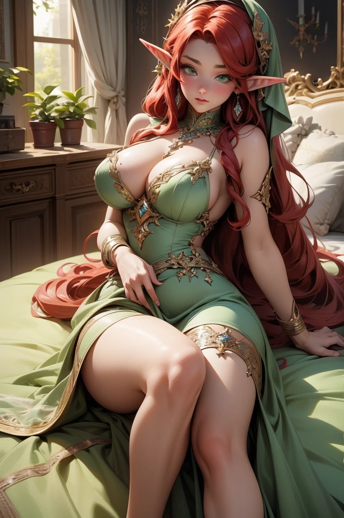 (Masterpiece - Ultra-Detailed, High Resolution) Prepare to be enchanted by a true masterpiece that combines ultra-detailed art with high-resolution rendering. This work shows a mesmerizing and sexy young elf with very large breasts and red hair. Green eyes, transparent white dress, laying in the bed. Get ready to dive into a world where beauty and craftsmanship merge perfectly.