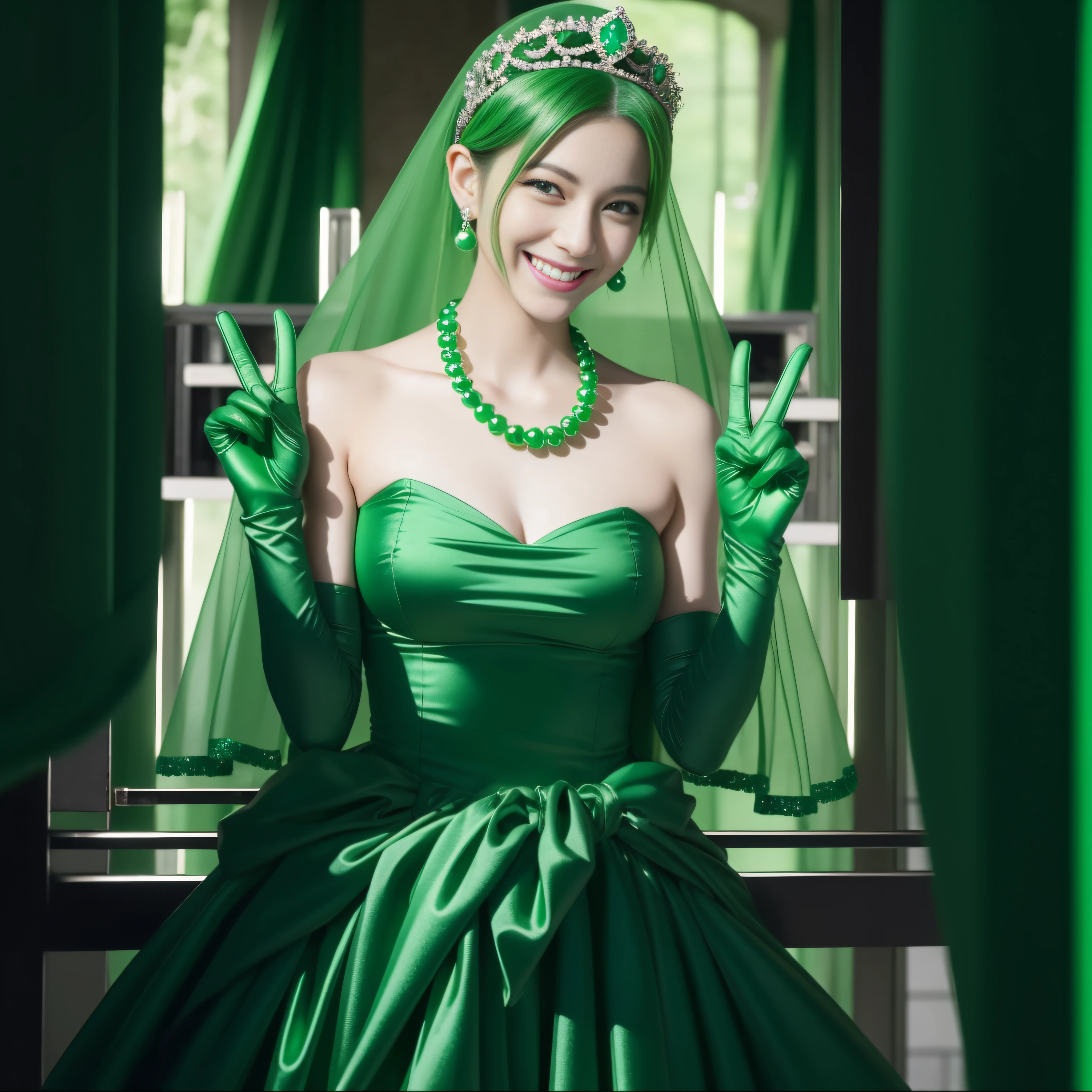 emerald tiara, Green Pearl Necklace, Boyish very short green hair, lipsticks, Japan woman smiling, very short short hair, big breasts beautiful, Green eyes, Long green gloves made of satin material, Green eyes, v sign,V-sign with both hands, Emerald Earrings, Green hair