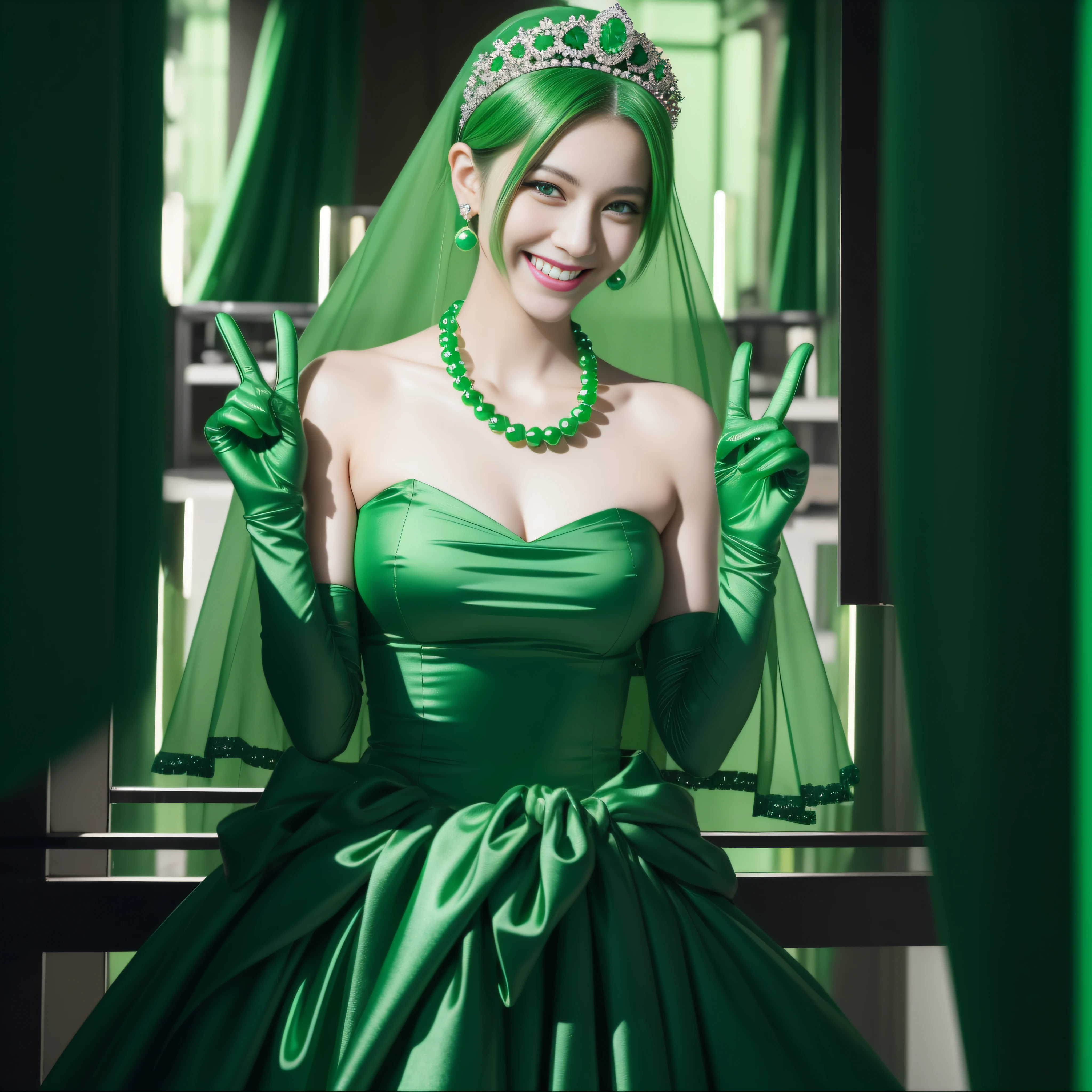 emerald tiara, Green Pearl Necklace, Boyish very short green hair, lipsticks, Japan woman smiling, very short short hair, big breasts beautiful, Green eyes, Long green gloves made of satin material, Green eyes, v sign,V-sign with both hands, Emerald Earrings, Green hair