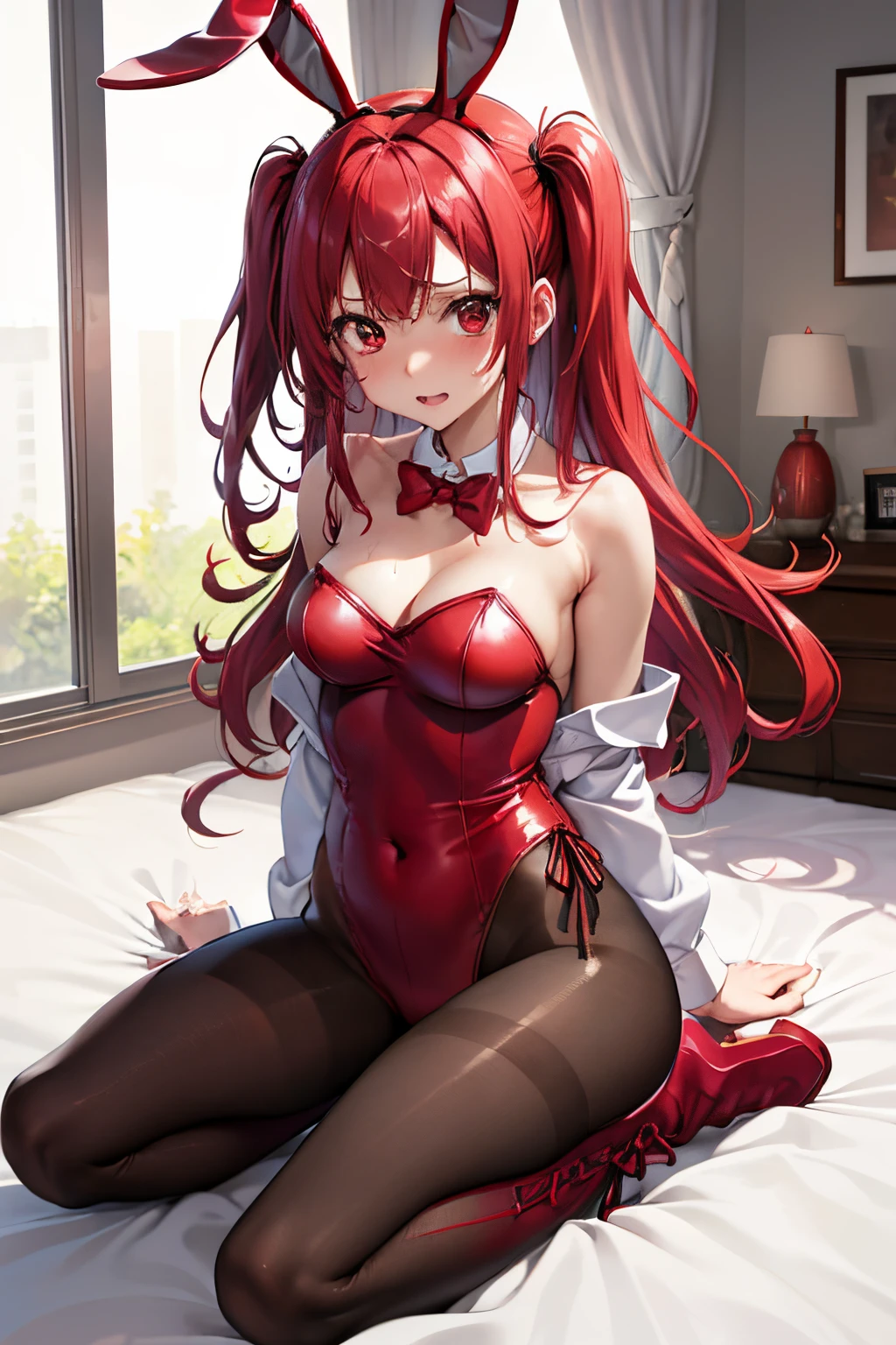 masutepiece, Best Quality, 1girl in, (karen),Red color hair, (red eyes:1.2),((bunnygirl))、((leotard))、Semi-long hair、((embarassed expression))、((Bedroom))、((long boots))、((rabbitears))、((pantyhose))、