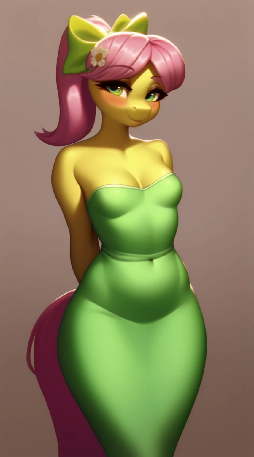 (score_9), (source_pony), (solo), (earth pony), ((anthro posey bloom:1.1)), (strapless white tube dress), sexy, blushing, seductive look, bedroom eyes, anatomically correct, night garden, flat chest, half body, arms behind back, anime art style, solo, hourglass figure, curvy, thick thighs, plump body, young, short, chubby, cute, high res, facing straight at viewer,