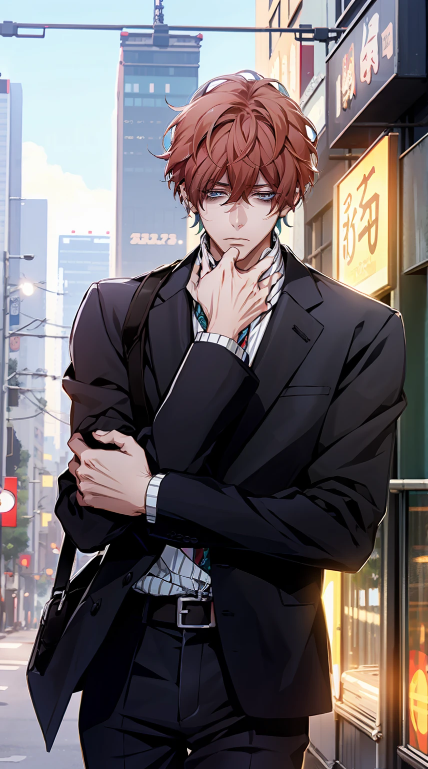 1 young man, male photo, business suit,melancholy look,in Tokyo city,sunny day,high quality, best quality, masterpiece, 8K