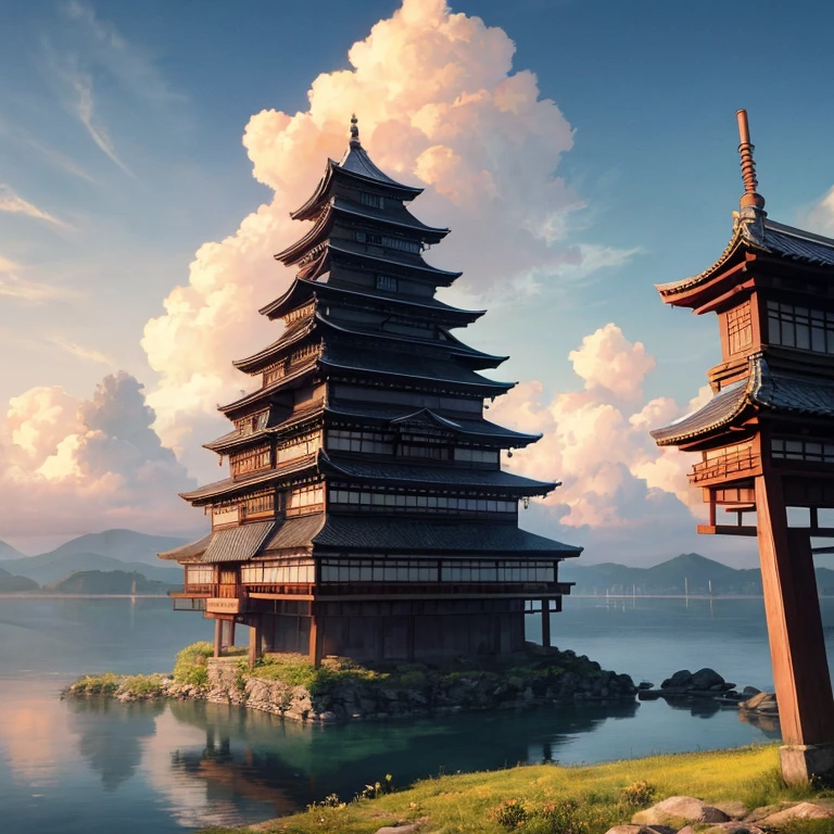 "A majestic castle on a floating sky island, Reminiscent of a Japanese-style fortress, suspenso acima de nuvens fofas, Aproveitando o brilho quente do sol, irradiando cores vibrantes. master part."