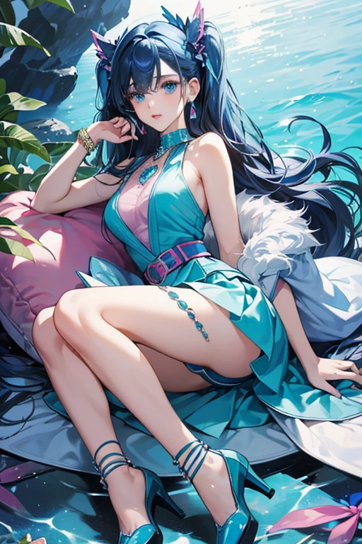 Musa has a light, almost pale skin tone, dark blue hair and thin dark blue eyes. her outfit consists of an ocean blue top with a variation of blue and pink gemstones and a pink bow decal along with a teal tank underneath. Her skirt is a mixture of pink and blue with cutouts shaping triangles and diamonds along with a detailed belt with blue and white rhinestones. Her stockings are different variations and textures of blue with pink high heels. On her left arm she has a studded aqua bracelet while on her right she has a watch with a few hooped bracelets. Musa's hair is a sapphire blue with bangs in the front with lengthy waves in the back.