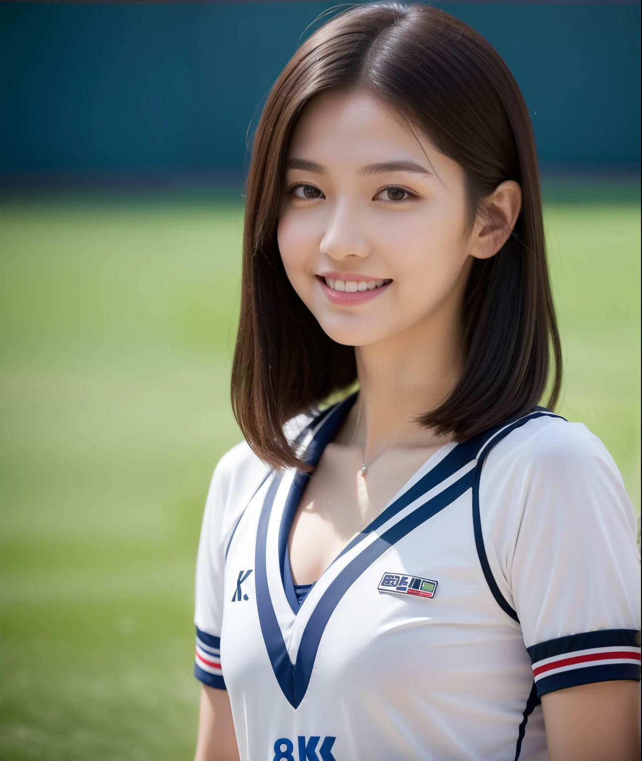 ((Best Quality, 8K, Masterpiece: 1.3)), a beauti, In addition, melon face, Friendly and cute, sweet smile, Pure desire, Slender body, (s whole body), (tilted head), ((looking at camera)), Medium Black Silky Straight Hair with headphone, Long flowing shoulders, round black big eyes, clear big eyes, moist red lips, Volleyball stadium, ((full body shooting)), (Volleyball Uniform), (Middle breast)