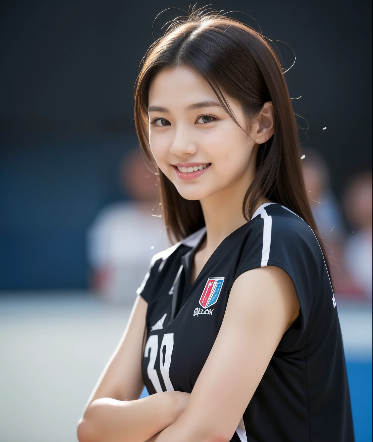 ((Best Quality, 8K, Masterpiece: 1.3)), a beauti, In addition, melon face, Friendly and cute, sweet smile, Pure desire, Slender body, (s whole body), (tilted head), ((looking at camera)), Medium Black Silky Straight Hair, Long flowing shoulders, round black big eyes, clear big eyes, moist red lips, Volleyball stadium, ((full body shooting)), (volleyball uniform), (Middle breast),