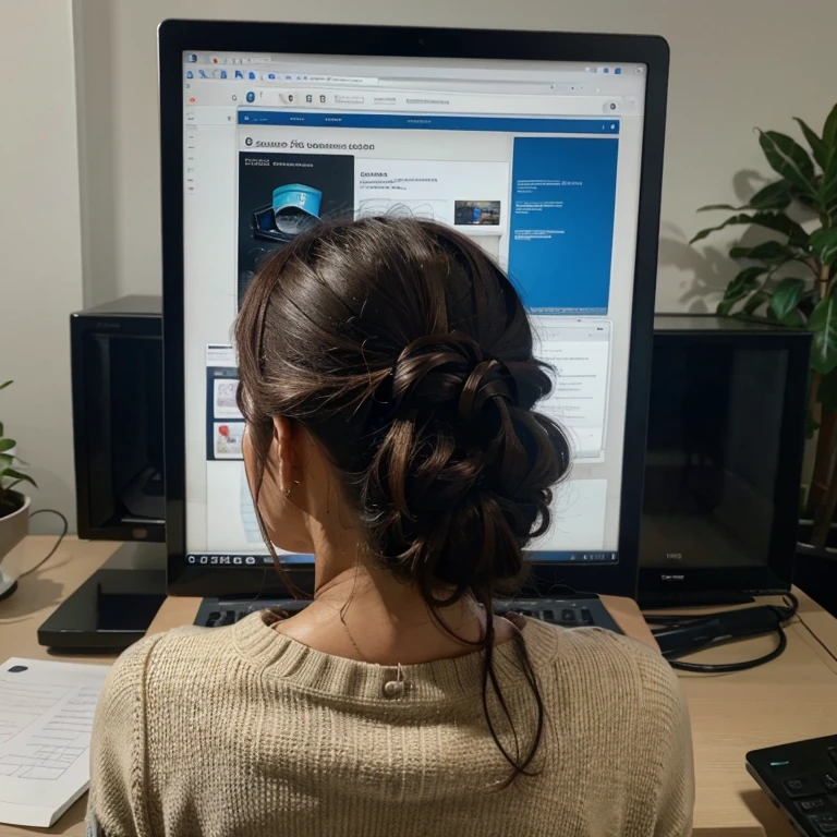 Realistic image of a person seen from behind focusing on a computer screen looking for promotion on sales websites