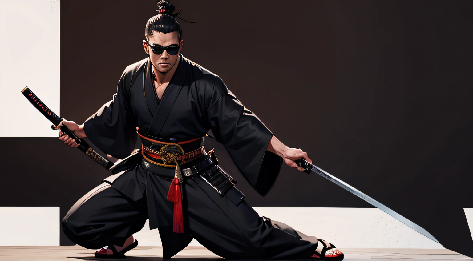 A young man, Sunglasses, Samurai, pistol, topknot, Black kimono, Full body. from the front side, Looking at Viewer