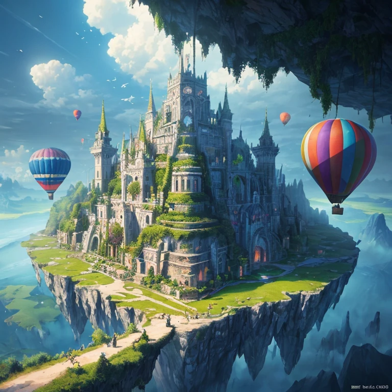 Many islands are suspended in the air with many small airships flying around, air balloon, Cidades, fantasia, magical plants growing, Detalhes extremos, luz realista, Epic composition, (detalhes complexos), (design complexo, ultra-detalhes :1.2), Art Station, (master part, best quality), Ultra HD |, 32k --v 6