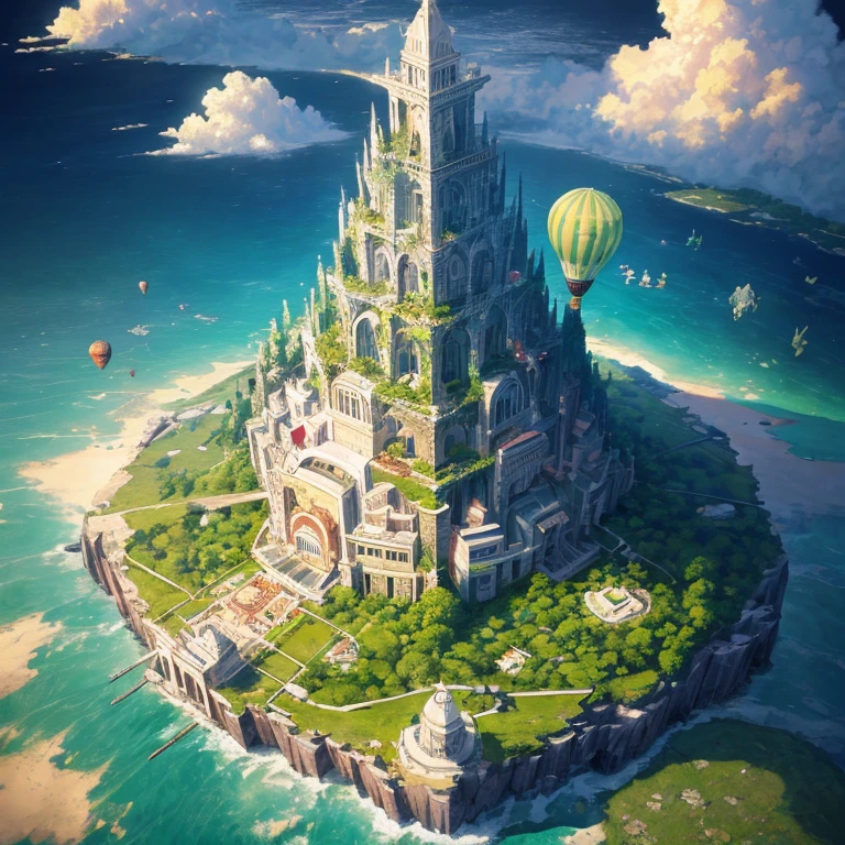 Many islands are suspended in the air with many small airships flying around, air balloon, Cidades, fantasia, magical plants growing, Detalhes extremos, luz realista, Epic composition, (detalhes complexos), (design complexo, ultra-detalhes :1.2), Art Station, (master part, best quality), Ultra HD |, 32k --v 6