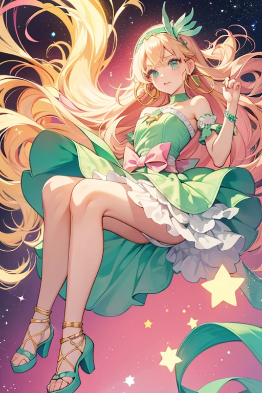 Stella is a lightly tan-skinned young girl with long blonde hair that stops below her waist and golden amber eyes. Stella wears a strapless seafoam-green dress with pink stripes and a matching pink belt with a sparkly star-shaped buckle off to her left, and pink shoes platform heels with ribbons that flow freely near her ankles. She also wears a pair of pink hoop earrings with a green star on each and her headband is now pink rather than lilac.