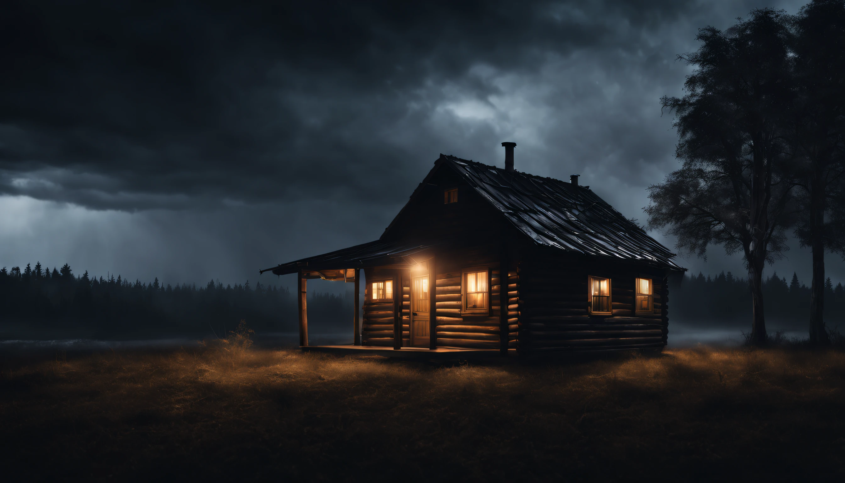 create a photo of a realistic hut at night, com telhado de zinco, com luzes acesas, with few trees around, showing a cloudy sky surrounded by dark storm clouds, Fotografia 4k, dark scenery with lots of fog.