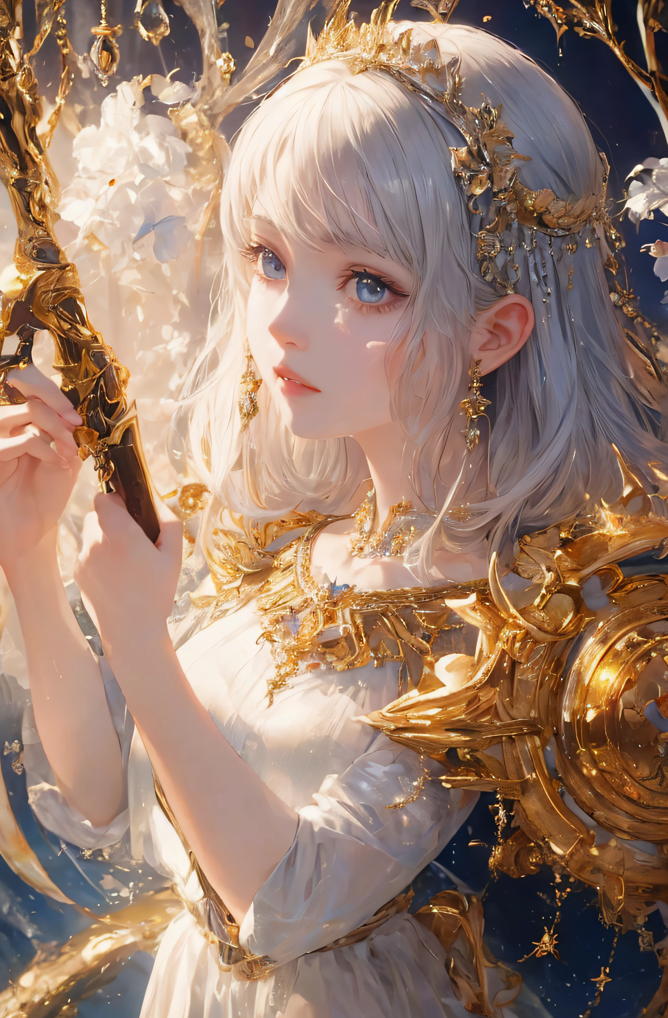 The upper part of the body、The face is front、profile、8K、realphoto、超A high resolution, Master Parts, Best Quality, nffsw , cinematic images,Lovely girl、ann、16 only、Anglo-Saxon、二重まぶた、drooing eyes、Very big eyes、Eyes purple、Dark eye shadow、The lips are very thin、The tip of the nose stretches beautifully................................、the tip of the nose is small,,,,, ighly detailed , Silver hair、Straight short hair、ssmile、 Sweet look 、a very beautiful woman、legs are long、 Very clear shadows , jewely , A sexy , A detailed eye, very intricate, shiny skins , Perfect Brilliant, Perfect Lighting, Dramatic shadows、White tiara on head、Gold necklace around the neck、White aristocratic dress with gold embroidery、