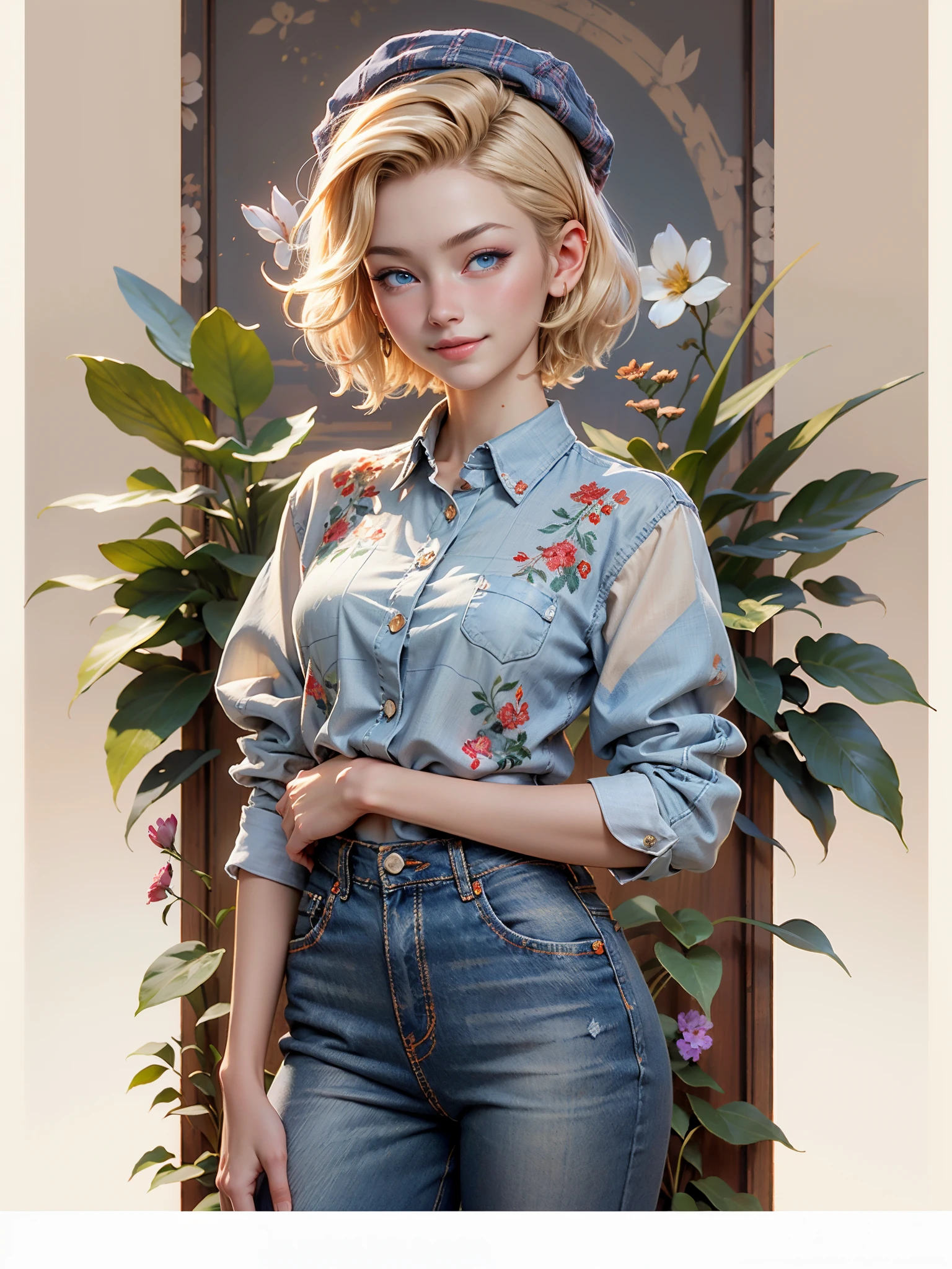 Sculpture design, Figure, (base). female people, caucasian, girl, , (with short blonde hair, blue eyes), wearing embroidered blue jeans, wearing embroidered linen shirt, wearing tweed newsboy cap, smile,, wildflowers behind her, wildflowers, bees, Systemic vision,semi transparent,A high resolution,32K,best quality,hyper HD, dunhuang_background