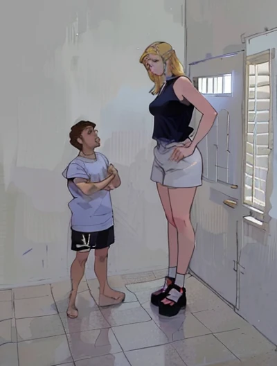 araffe woman standing on a tiled floor next to a man, very tall, very very very tall, she is tall, very very very very tall, very tall and slender, 8ft tall, massive legs towering over you, standing on 2 feet, towering above a small person, giant legs, short person, 7 feet tall, a very tall