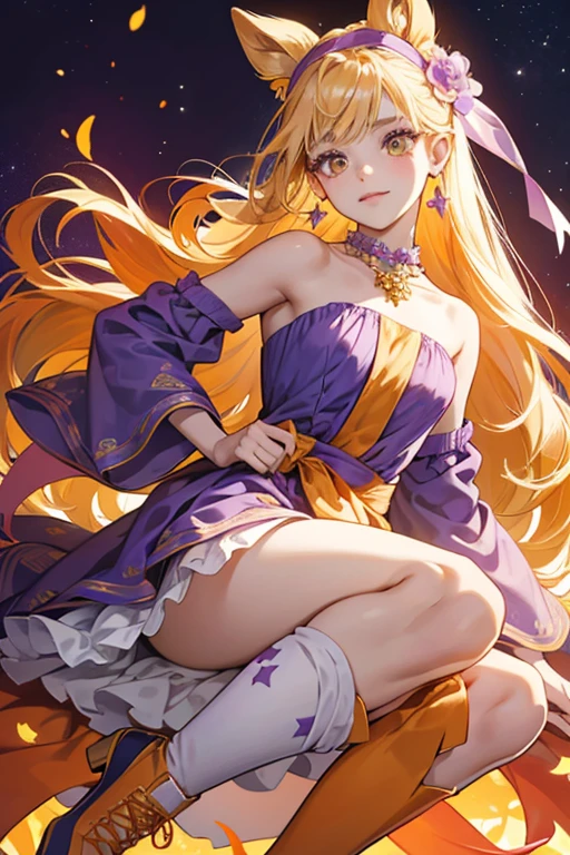Stella is a lightly tan-skinned young girl with long blonde hair that stops below her waist and golden amber eyes. Stella's bangs are now swept to the left side and she has the same hair strands hanging in the front from Season 1. Her civilian outfit consists of a purple-and-orange layered dress (similar to Bloom and Flora's Enchantix dresses) that is fastened to her body by an orange necklace that ends in three gold stars, and knee high purple boots with orange ribbons wrapped over the half of her foot and around her ankles, ending in small bows just above her ankles, and with that purple knee-high socks with purple laces are quite visible, wrapped and tightened. She also wears red star-shaped earrings and a purple headband with a lighter purple bow that rests on the right side of her head. Additionally, the purple sections of the dress (not counting the bow-like top) have zebra-print in some official stock art.