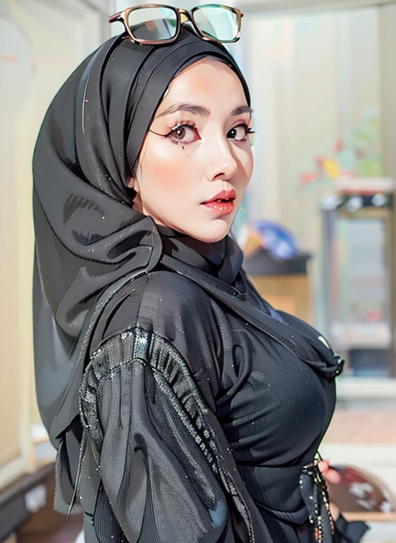 there is a woman wearing a black hijab and glasses, malaysian, hijab, headshot profile picture, portait photo profile picture, inspired by Fathi Hassan, inspired by Nazmi Ziya Güran, professional profile picture, face is wrapped in a black scarf, wrapped in a black scarf, dilraba dilmurat, traditional beauty, side boob,