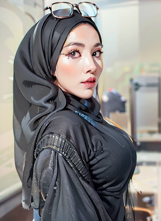 there is a woman wearing a black hijab and glasses, malaysian, hijab, headshot profile picture, portait photo profile picture, inspired by Fathi Hassan, inspired by Nazmi Ziya Güran, professional profile picture, face is wrapped in a black scarf, wrapped in a black scarf, dilraba dilmurat, traditional beauty, side boob,