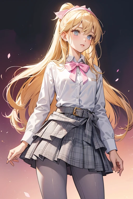 Stella is a lightly tan-skinned young girl with long blonde hair that stops below her waist and golden amber eyes. Stella's bangs are parted similarly to how they were originally back in the first three seasons. She wears a dark pink blazer with grey trim over a pale pink dress shirt with a grey bow tied around her neck and three small buttons along each cuff, a slate blue layered skirt with small white heart decorating it and a grey belt with pink buckle fastening the skirt to her waist, pink leggings and grey high heels with small pink bows on the toes. She also wears a grey plaid headband.