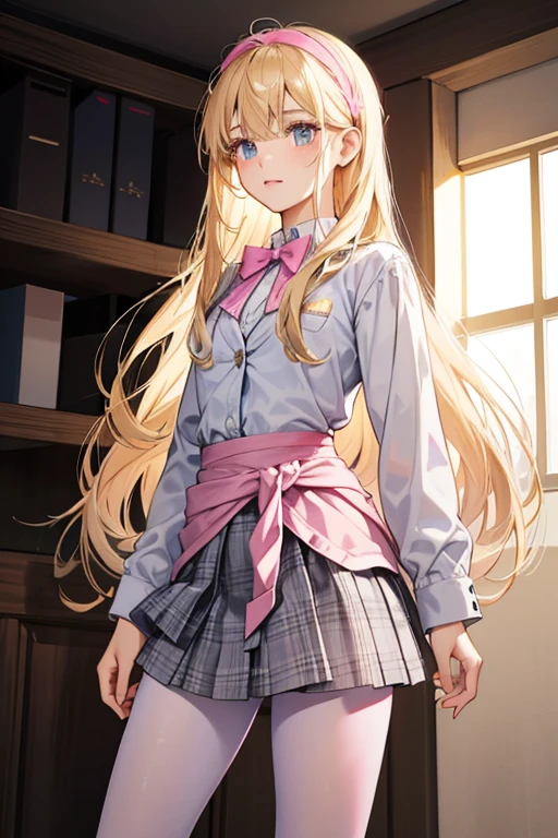 Stella is a lightly tan-skinned young girl with long blonde hair that stops below her waist and golden amber eyes. Stella's bangs are parted similarly to how they were originally back in the first three seasons. She wears a dark pink blazer with grey trim over a pale pink dress shirt with a grey bow tied around her neck and three small buttons along each cuff, a slate blue layered skirt with small white heart decorating it and a grey belt with pink buckle fastening the skirt to her waist, pink leggings and grey high heels with small pink bows on the toes. She also wears a grey plaid headband.