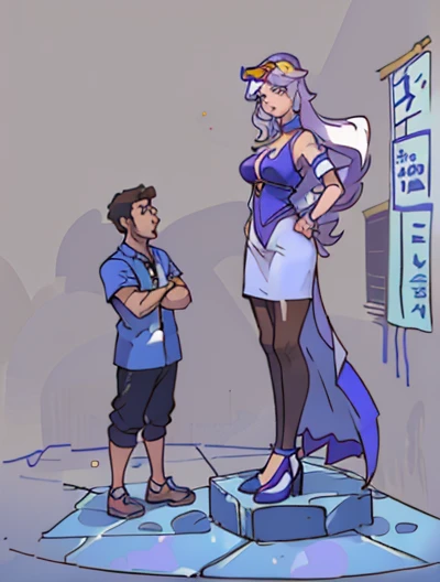 araffe woman standing on a tiled floor next to a man, very tall, very very very tall, she is tall, very very very very tall, very tall and slender, 8ft tall, massive legs towering over you, standing on 2 feet, towering above a small person, giant legs, short person, 7 feet tall, a very tall