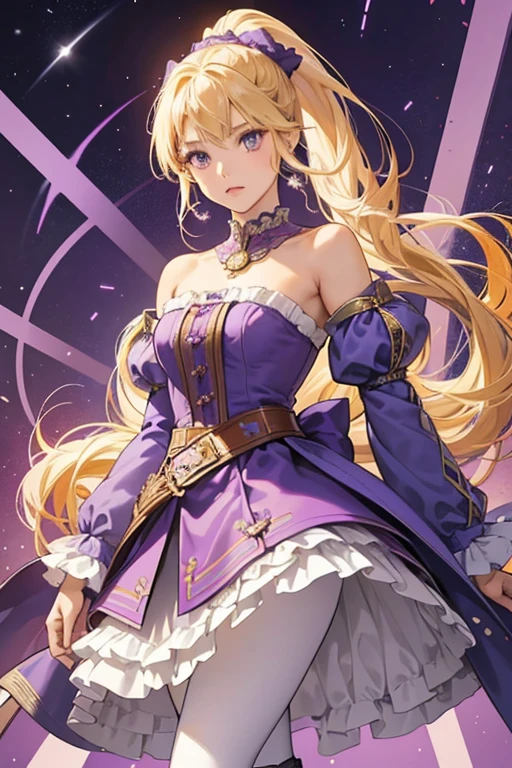 Stella is a lightly tan-skinned young girl with long blonde hair that stops below her waist and golden amber eyes. Stella keeps her hair up in a ponytail with a blue bow (or purple in official artworks) and she has bangs swept to the right side while she has mid-back length hair strands hanging in the front. She wears a purple long-sleeved coat with a lighter purple stitchmark pattern over a strapless pale purple dress with a dark purple dotted pattern and white frills along the topmost hem, brown leggings, and purple knee-high boots; the topmost section of the boots being a brighter purple with white frills along both ends and a small medallion around her neck.