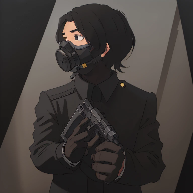 Half damaged black suit man wearing a gas mask and holding a shotgun