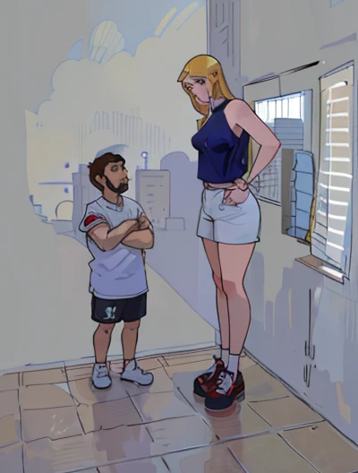 araffe woman standing on a tiled floor next to a man, very tall, very very very tall, she is tall, very very very very tall, very tall and slender, 8ft tall, massive legs towering over you, standing on 2 feet, towering above a small person, giant legs, short person, 7 feet tall, a very tall