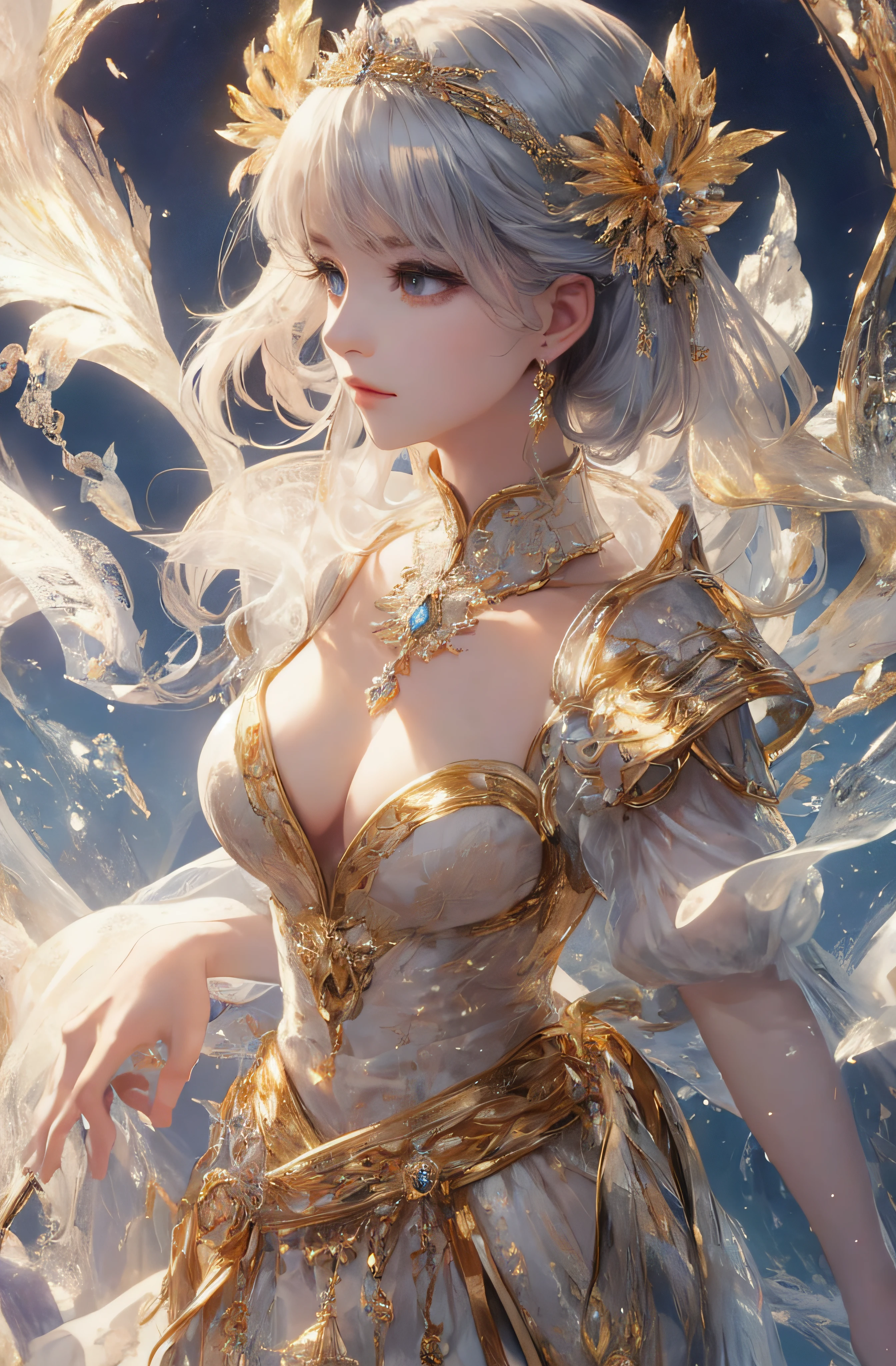 The upper part of the body、The face is front、profile、8K、realphoto、超A high resolution, Master Parts, Best Quality, nffsw , cinematic images,Lovely girl、ann、16 only、Anglo-Saxon、二重まぶた、drooing eyes、Very big eyes、Eyes purple、Dark eye shadow、The lips are very thin、The tip of the nose stretches beautifully................................、the tip of the nose is small,,,,, ighly detailed , Silver hair、Straight short hair、ssmile、 Sweet look 、a very beautiful woman、legs are long、 Very clear shadows , jewely , A sexy , A detailed eye, very intricate, shiny skins , Perfect Brilliant, Perfect Lighting, Dramatic shadows、White tiara on head、Gold necklace around the neck、White aristocratic dress with gold embroidery、