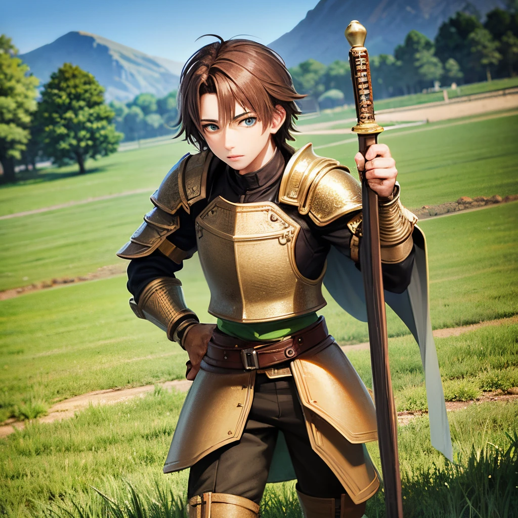 1Male, brown hair, green eyes, medival armor, holdong sword, grass field,