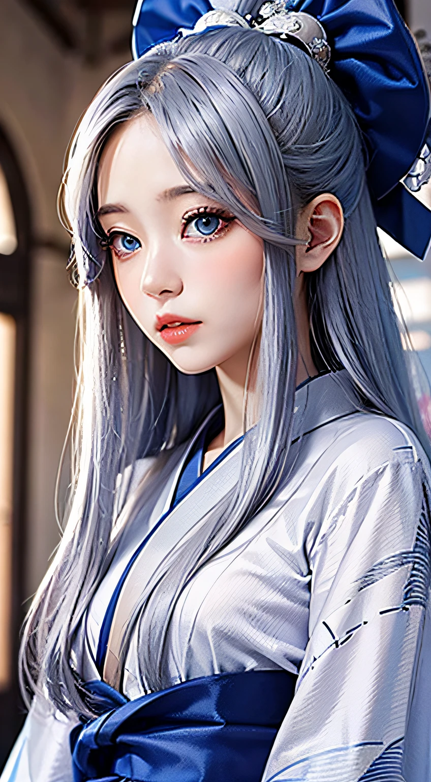angelicales, Silver long hair, Blue eyes. Kimono, Small breasts. Upper body