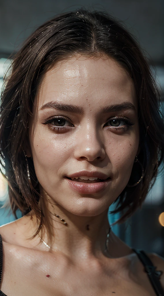 Cyberpunk 1girl ultra realistic, very detailed iris, perfect lips, perfect teeth, perfect skin, Perfect body, Perfect beauty, dramatic light, blurred cyber futureCity background