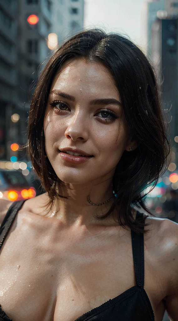Cyberpunk 1girl ultra realistic, very detailed iris, perfect lips, perfect teeth, perfect skin, Perfect body, Perfect beauty, dramatic light, blurred cyber futureCity background