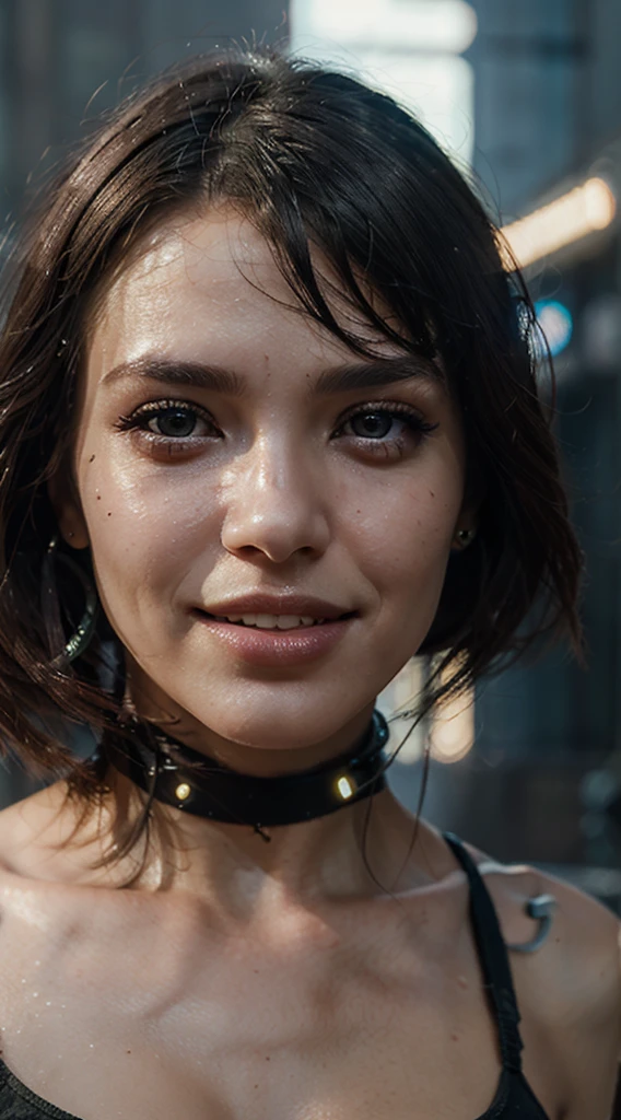 Cyberpunk 1girl ultra realistic, very detailed iris, perfect lips, perfect teeth, perfect skin, Perfect body, Perfect beauty, dramatic light, blurred cyber futureCity background