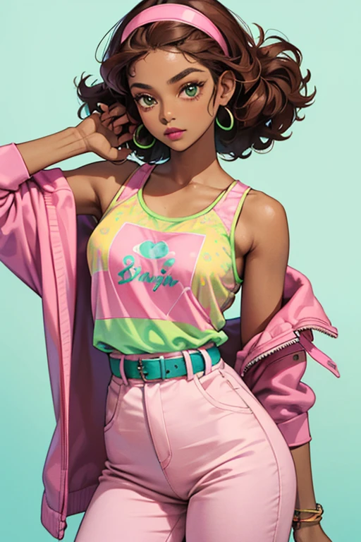 Aisha is a dark-skinned girl with a medium brown complexion, long, curly mahogany brown hair, and cerulean eyes. She has very full lips, and often she uses pink lipstick. Aisha wears a lime green tank with a pink patterned shirt over it. Her pants are a slightly darker shade of green with a pink belt and cuffs, white later (blue) ankle socks, pink and green sneakers and a pink and green trimmed headband.