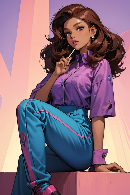 Aisha is a dark-skinned girl with a medium brown complexion, long, curly mahogany brown hair, and cerulean eyes. She has very full lips, and often she uses pink lipstick. Aisha sports the same hairstyle of Season 2 and 3 outfits but wears a blue jumpsuit with a purple shirt and knee-length high-heeled boots.