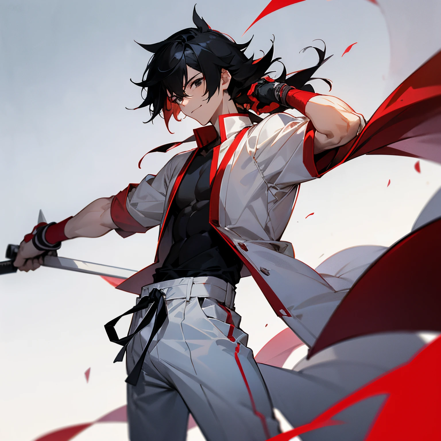 Yuichi Hair , Medium Length Hair, Black Hair , Spiky Hair , Black Eyes , Red Fitted Shortsleeve shirt , White Baggy Pants , White Wristbands , 1male , Muscular Build , Martial Arts Clothing , Modern City Background , Facing camera with hands at sides , Confident Smile , Strong Pose ,  Male