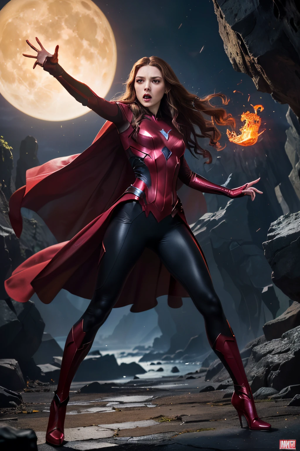 (Scarlet Witch), ((Scarlet Witch)), (Wanda Django Maximoff), (Scarlet Witch), (The Marvel Universe), (Imitation of power in your hands), (Coming out the power is in your hands), (flying), femenine body, Sculptural body, Inside the cave, - Dark Cave, Full Moon Light, Drums with fire, detailed and modern uniform, Gloomy fog, lights on your uniform, antihero pose, full-length photo, Full body angle, full body visible, cap, arma, legsupms, angry pose, pose with hatred, angry pose, screaming pose.