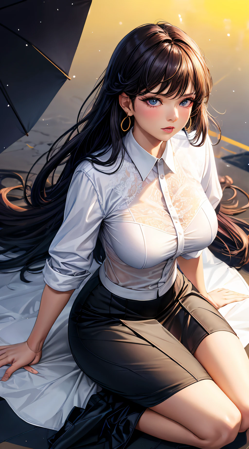 (best quality:1.5, highres, UHD, 4K, detailed lighting, shaders), hair, gradient hair, large breasts, transparent suit, transparent shirt, transparent social shirt, short skirt, mature woman , (pov), white background, colorful eyeshadow, dramatic lighting, sparkling eyepression, golden earrings, flowing hair, delicate facial features, dark skin, high cheekbones, raining, setting,sitting, white background, dont look for the camera, full body.