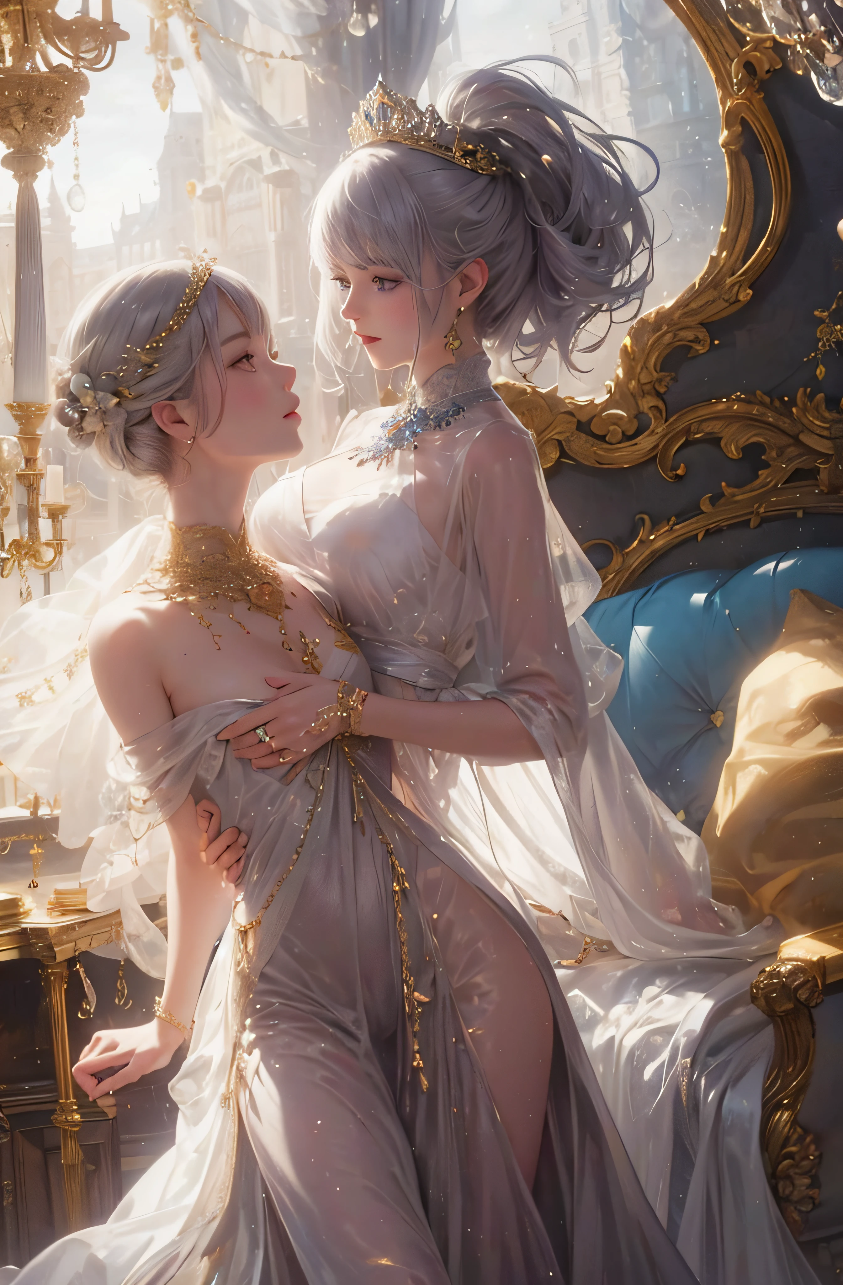 European castles in the distance、The face is front、Looking at the camera、profile、8K、realphoto、超A high resolution, Master Parts, Best Quality, nffsw , cinematic images,Lovely girl、ann、16 only、Anglo-Saxon、二重まぶた、drooing eyes、Very big eyes、Eyes purple、Dark eye shadow、The lips are very thin、The tip of the nose stretches beautifully...............................................、the tip of the nose is small,,,,, ighly detailed , Silver hair、Straight short hair、ssmile、 Sweet look 、a very beautiful woman、legs are long、 Very clear shadows , jewely , A sexy , A detailed eye, very intricate, shiny skins , Perfect Brilliant, Perfect Lighting, Dramatic shadows、White tiara on head、Gold necklace around the neck、White aristocratic dress with gold embroidery、